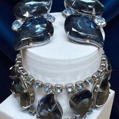 Sapphire blue marquise rhinestone link bracelet clip on earrings.