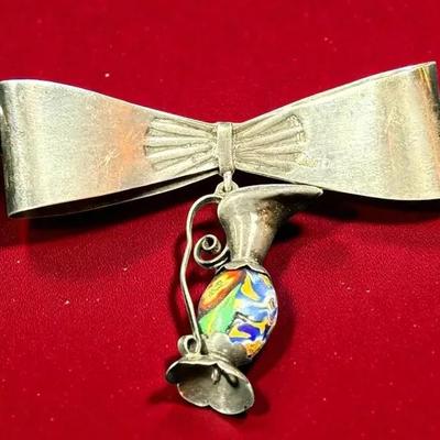 Mexico silver bow pin with dangling ewer