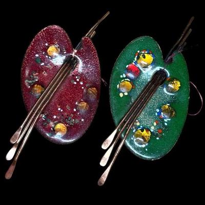 Two matisse renoir enamel on copper artist s palette brooches