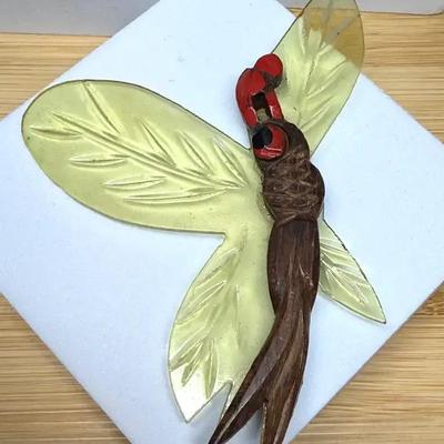 Wood lucite dragonfly brooch