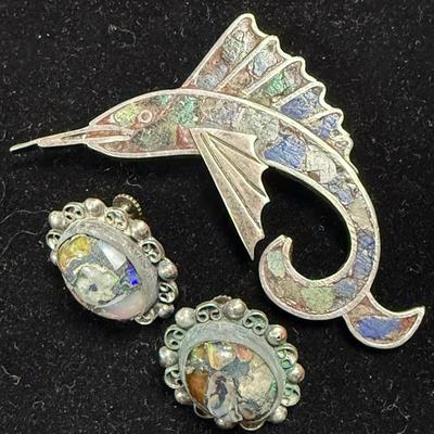 Mexican sterling silver and abalone shell fish brooch with earrings