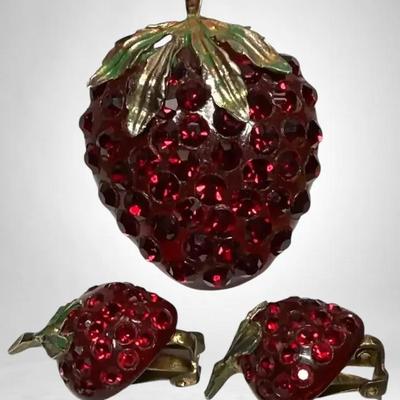 Strawberry brooch and clip on earring set