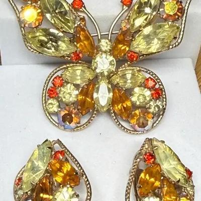 Butterfly brooch and matching earrings orange amber tones
