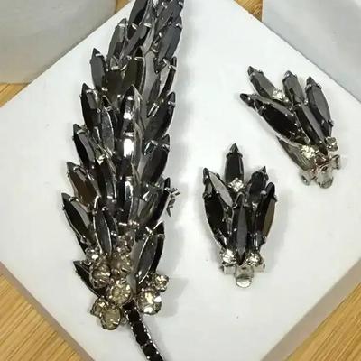 Hematite and black rhinestone leaf brooch and earring set