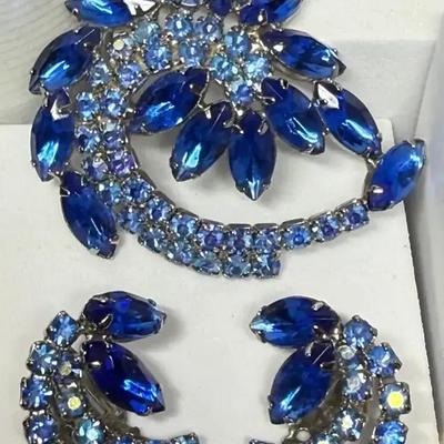 Sapphire and crystal blue rhinestone brooch and earring set