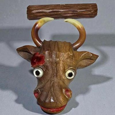 Longhorn steer carved wood vintage brooch