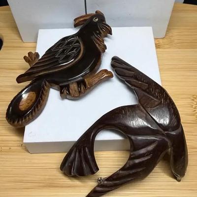 Wood carved bird pins