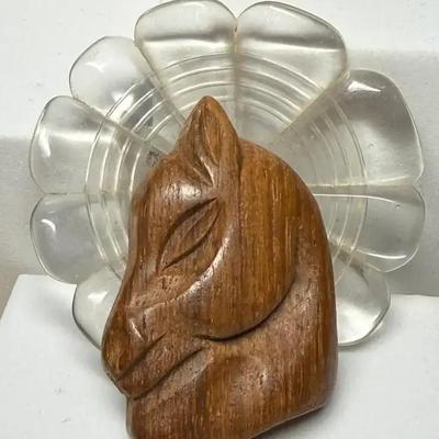 Lucite wood carved horse head brooch