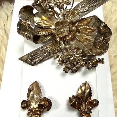 Hobe sterling silver floral bow brooch & earrings