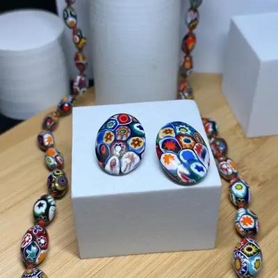Millefiori glass bead necklace and earring set