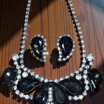 Black and rhinestone statement necklace with earrings