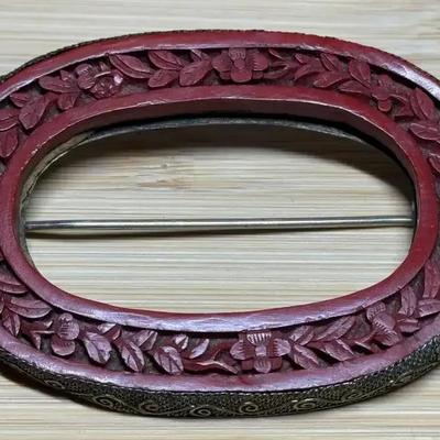 Chinese carved cinnabar brooch pin