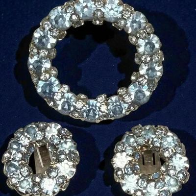 Light blue rhinestone wreath brooch and clip on earrings set
