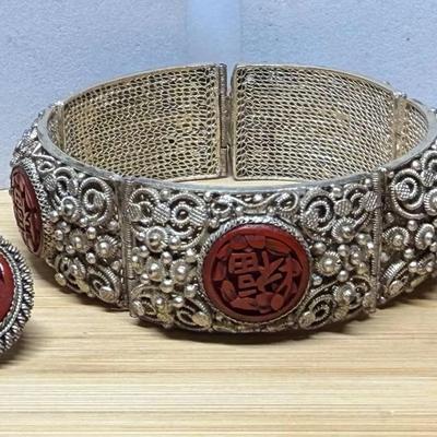 Chinese export silver filigree jewelry with carved cinnabar cabochons