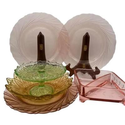 8 Piece  Depression Glass  In Green, Yellow And Pink