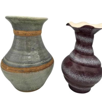 1993 Green Glazed Vase & Purple Ruffled Vase