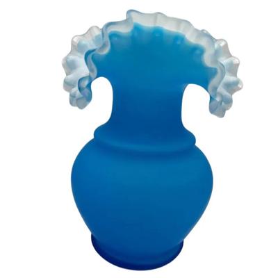 Fenton Blue Satin Glass With Ruffled Top 