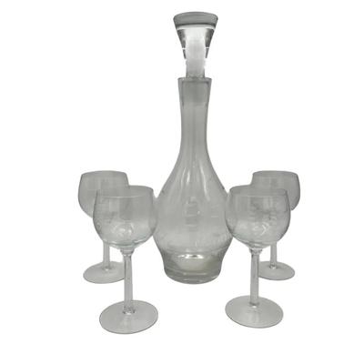 Glass Etched Ship Decanter & 4 Port Glasses 