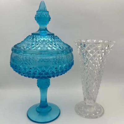 Vintage Indiana Glass Co Candy Dish Diamond Point & 1vintage Cut Glass Diamond Cut Vase