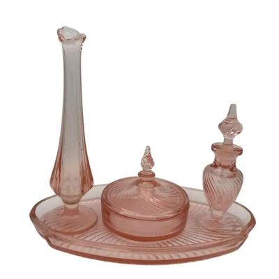 5 piece Pink Depression Glass Bud Vase, Perfume Bottle, Powder Container And Tray