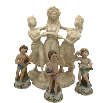 3 Resin Graces Goddesses Statue And 3 Ceramic Cherubs