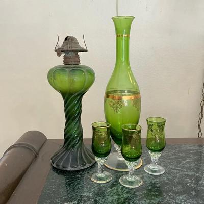 Green Glass Decanter & Aperitifs - Oil Lamp