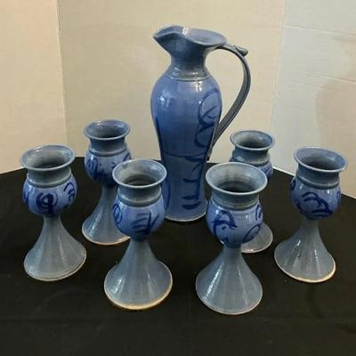 VTG Blue Stoneware Pitcher And 6 Goblets