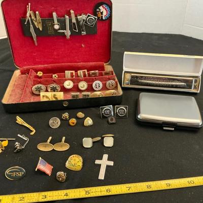 Men’s Lot Of Tie Tacs, Cuff Links, Harmonica and Alumawallet