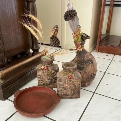 Earthy Stone Pottery Vases & Plate