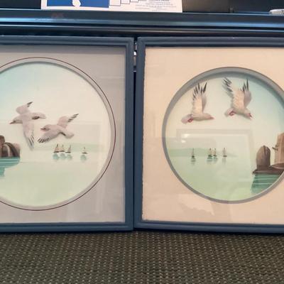 Seascape 3-D Framed Pictures Made With Feathers And Other Natural Items