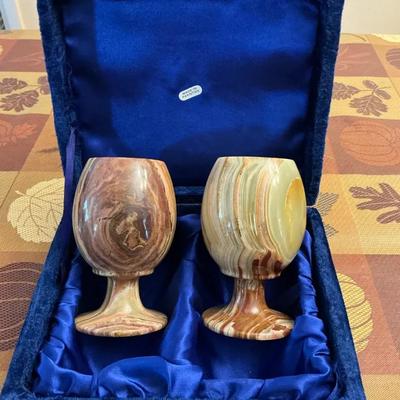Hand-carved Banded Onyx Goblet Pair In Velvet Case