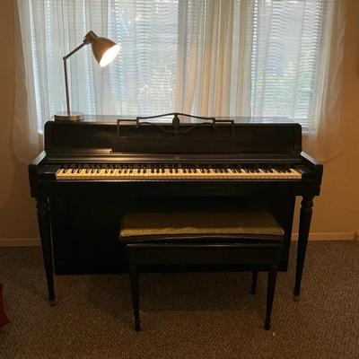 Wurlitzer Piano With Bench, Sheet Music And Adjustable Lamp