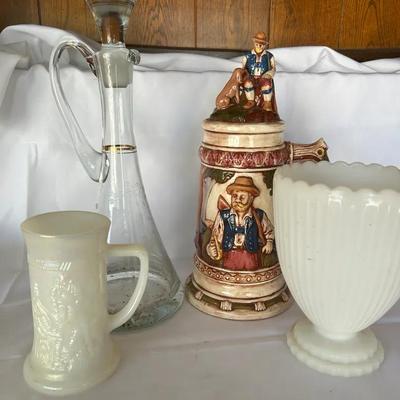 Etched Decanter, Large Stein And Milk Glass