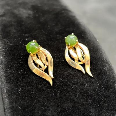 14K Gold Earrings w/ Green Cabochon Stones | Stamped 14K | 8.17g Total Weight