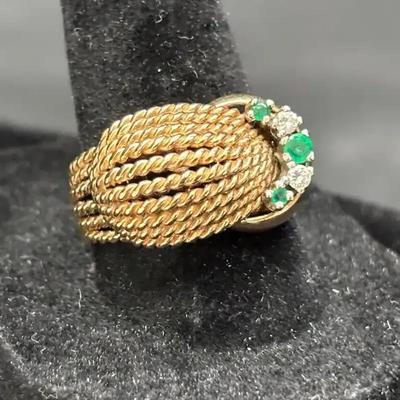 14K Yellow Gold Emerald & Diamond Ring | 1980s Rope Design | Total Weight 6.94g