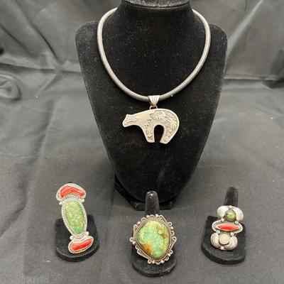 Sterling Silver Native American–Style Jewelry Lot | Bear Pendant & 3 Stone Rings | Total Weight 106g