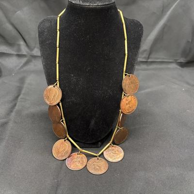 British One Penny Coin Necklace | Brass Coin Jewelry | Total Weight 126g