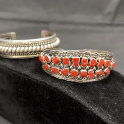Sterling Silver & Red Coral Cluster Cuff Bracelet | Native American Style | Total Weight 93.19g