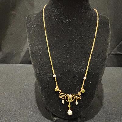 10K Antique Necklace | Natural Pearls & Green Gemstone Accents | Total Weight 9.34g