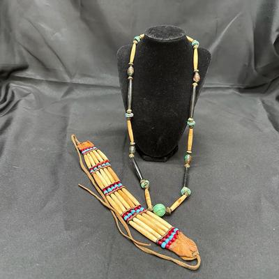 Indigenous Beaded Necklace & Bone Hair Ornament | Turquoise, Stone, Leather 