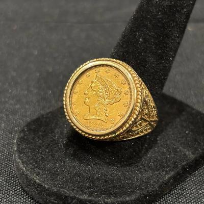 14K Gold Coin Ring | 1873 Liberty Head $2.50 Gold Coin | Filigree Mount | Size 7