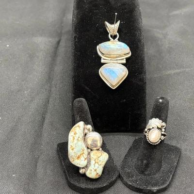 Sterling Silver Rings & Pendants with Turquoise, Moonstone & Agate | 925 | 60.95g