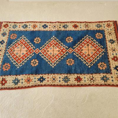 Handwoven Wool Area Rug | Blue Field with Geometric Medallions & Star Border