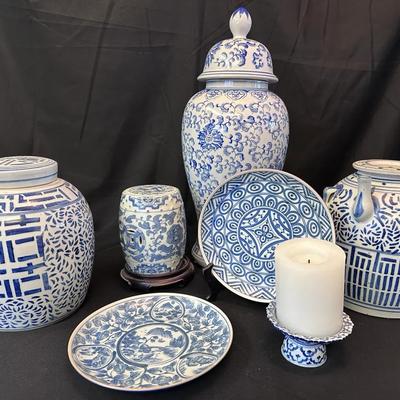 Blue & White Porcelain Decor Lot | Ginger Jars, Lidded Vessels, Plates & Candle Holder