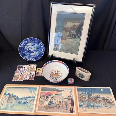 Asian Art & Collectibles – Porcelain Bowl, Blue & White Plate, Lidded Box, Prints & Decorative Items