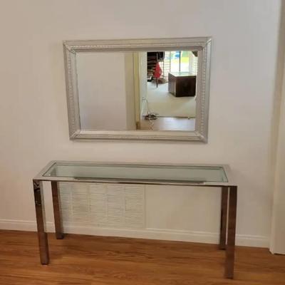 Chrome & Glass Console Table with Silver-Tone Framed Wall Mirror