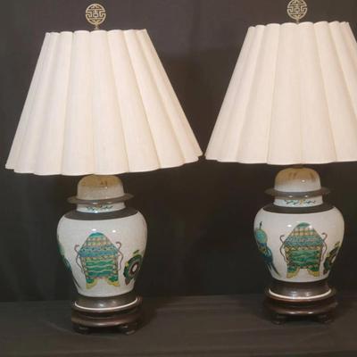 Pair of Chinese Crackle-Glaze Porcelain Lamps | Longevity Symbol Motif | Hardwood Bases