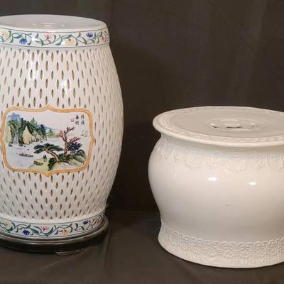 Pair of Asian-Style Ceramic Garden Stools – Pierced Lamp Stool & Solid Stool