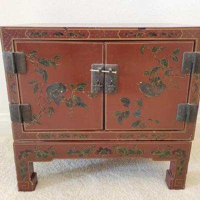 Asian Lacquered Cabinet with Stand | Hand-Painted Bird & Floral Motifs
