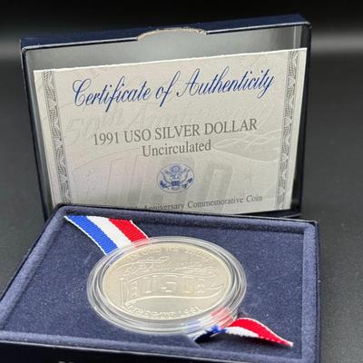USO 50th Anniversary Silver Dollar | 1991-D Denver | U.S. Mint Box & COA
